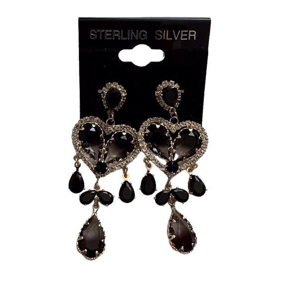 Gold Tone Earrings Black Ombré Heart Dangle Bling Rhinestone Sterling 925 Post - Picture 1 of 5